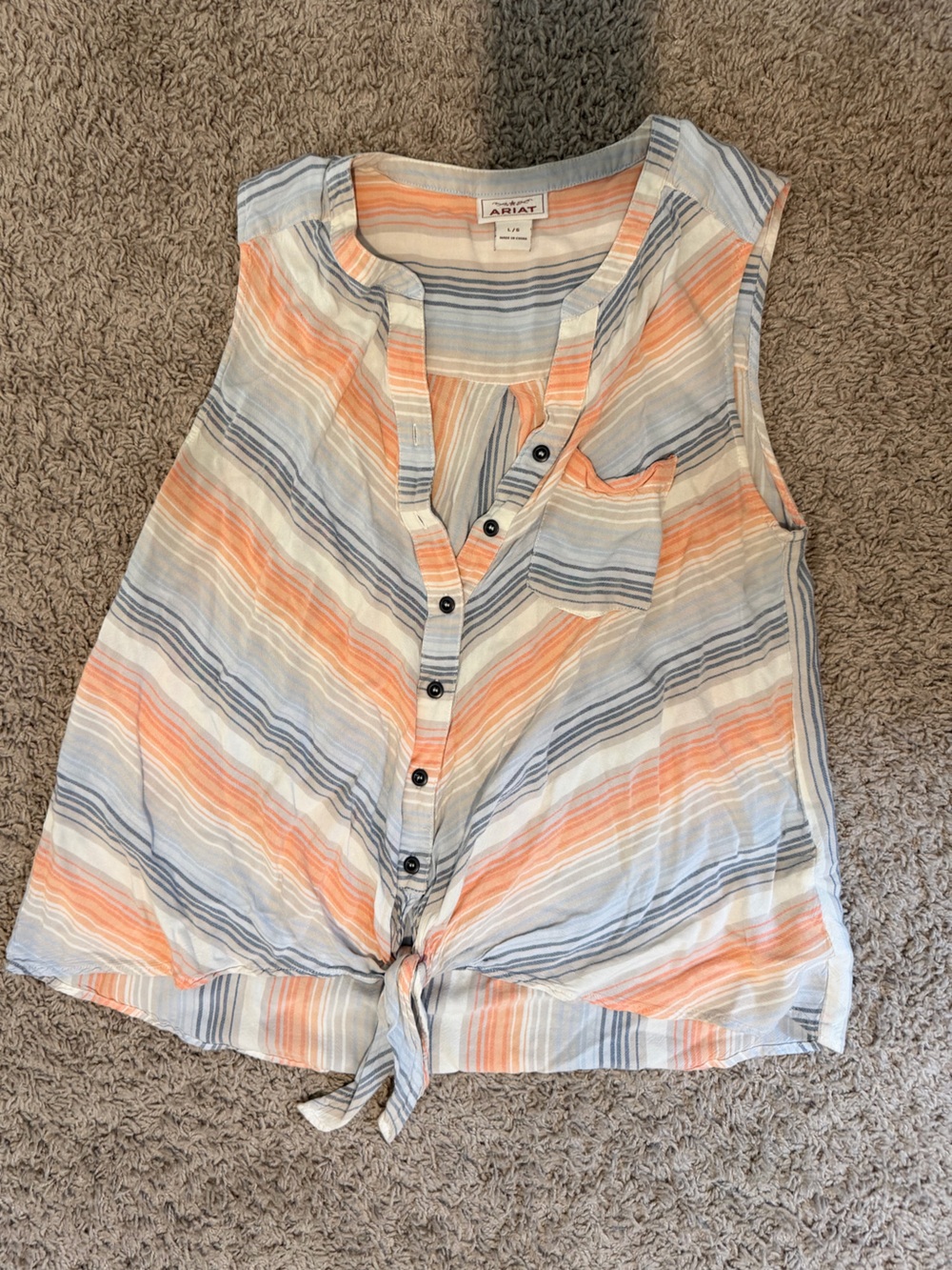 Ariat Sleeveless Striped Tie-Front Top in Peach, Light Blue & White